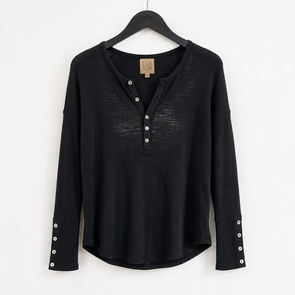 Chaser Black Burnout Thermal Henley Long Sleeve Button Cuffs Black M NWT Basics